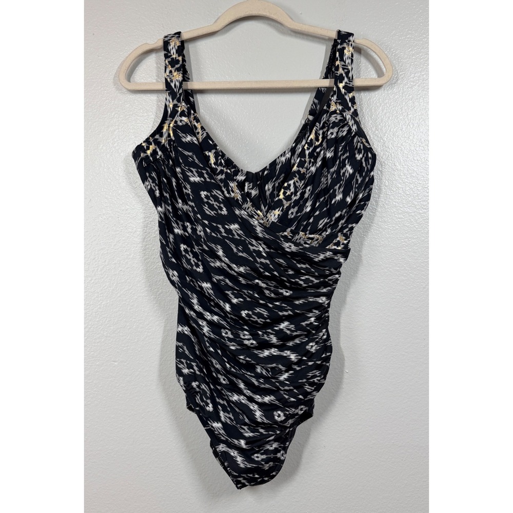 Miraclesuit Swimsuit Women 18DD Black Sanibel One Piece Ruched Ikat Gold Foil